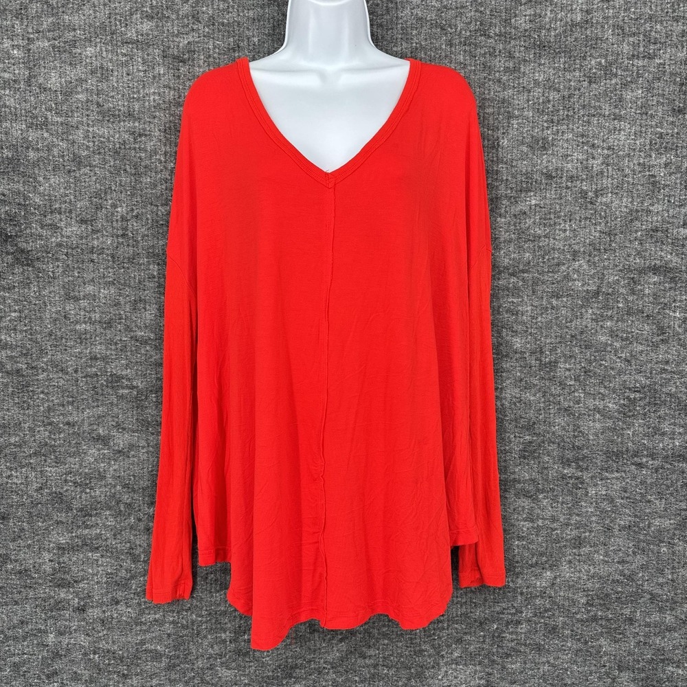 Free People Shirt Womens M Red Viscose Blend V Neck Long Sleeve Tunic Top